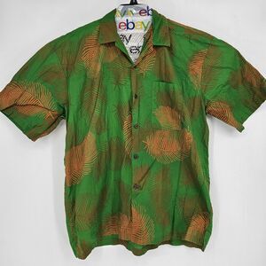 Caribelle Batik Shirt Mens Large Green‎ Brown Palm Leaf Print Button Up Casual